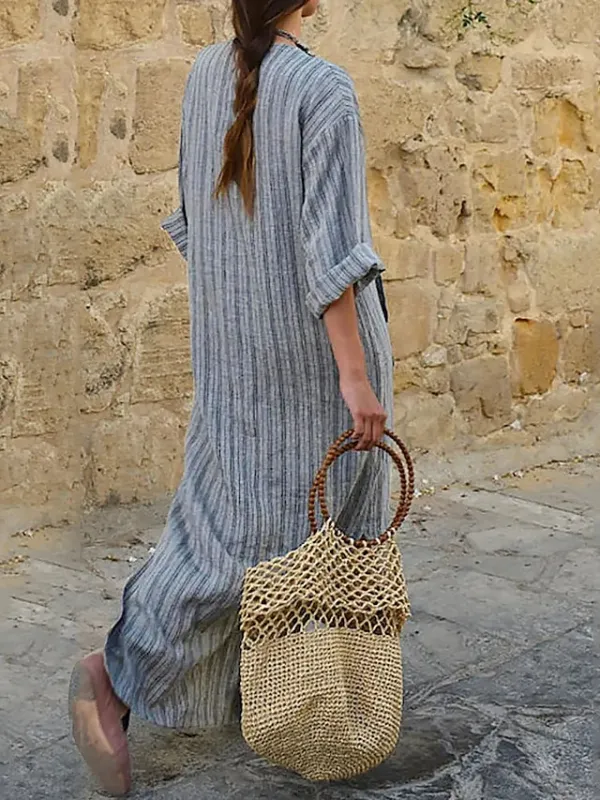 Women's Cotton Linen Maxi Tartan Dress Casual Split Neck Rolled Cuff Long Sleeve Spring Summer