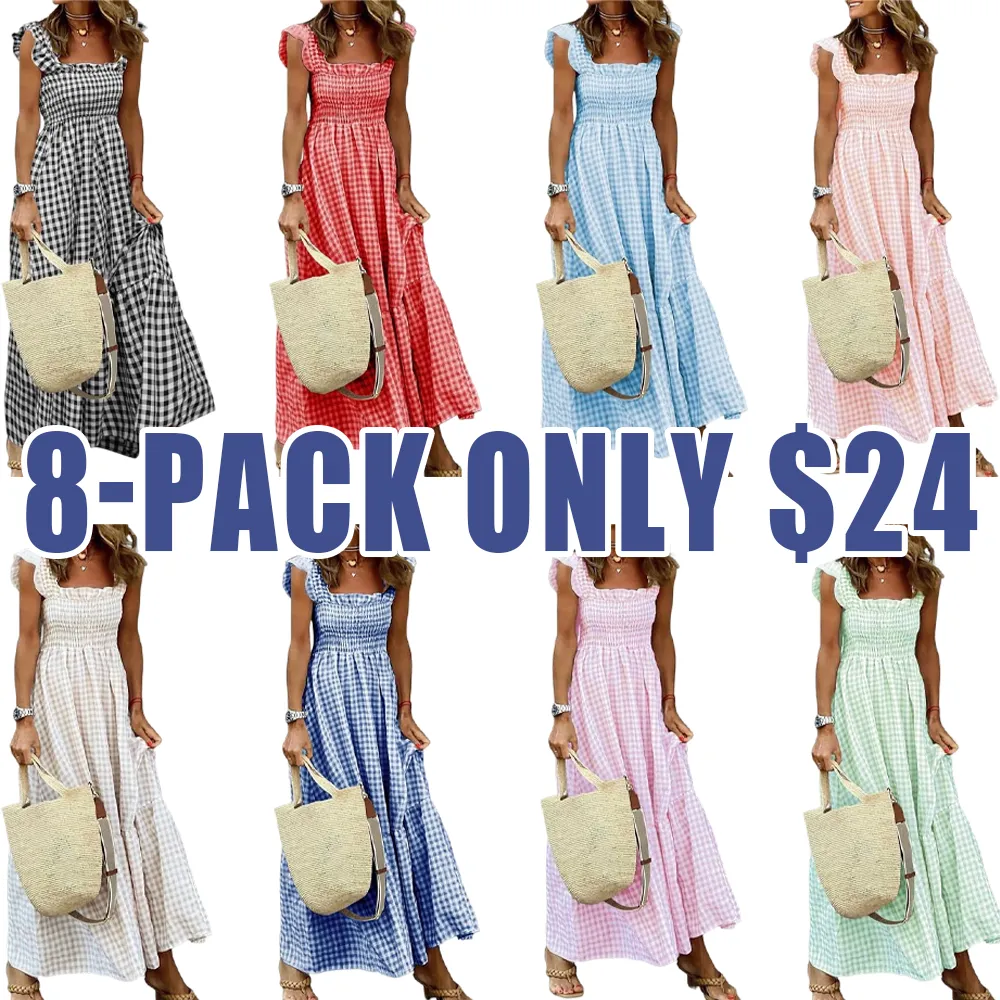 Women's Retro Plaid Smocked Flounce Maxi Dress – Spaghetti Strap