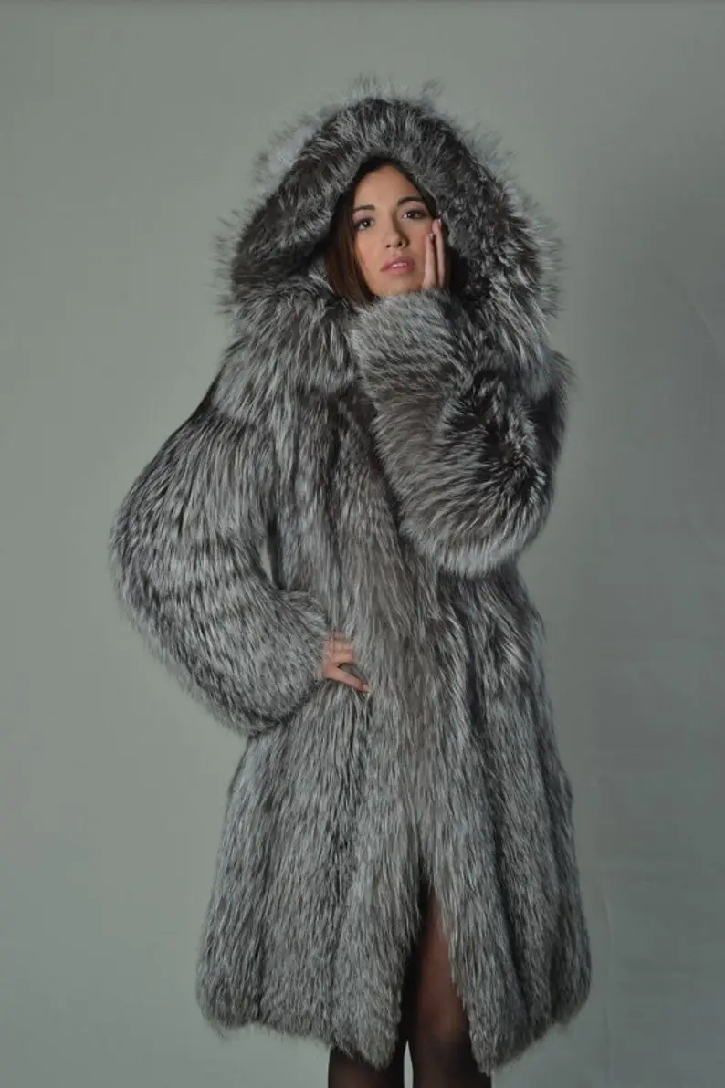 Silver Fox Fur Knee Length Jacket