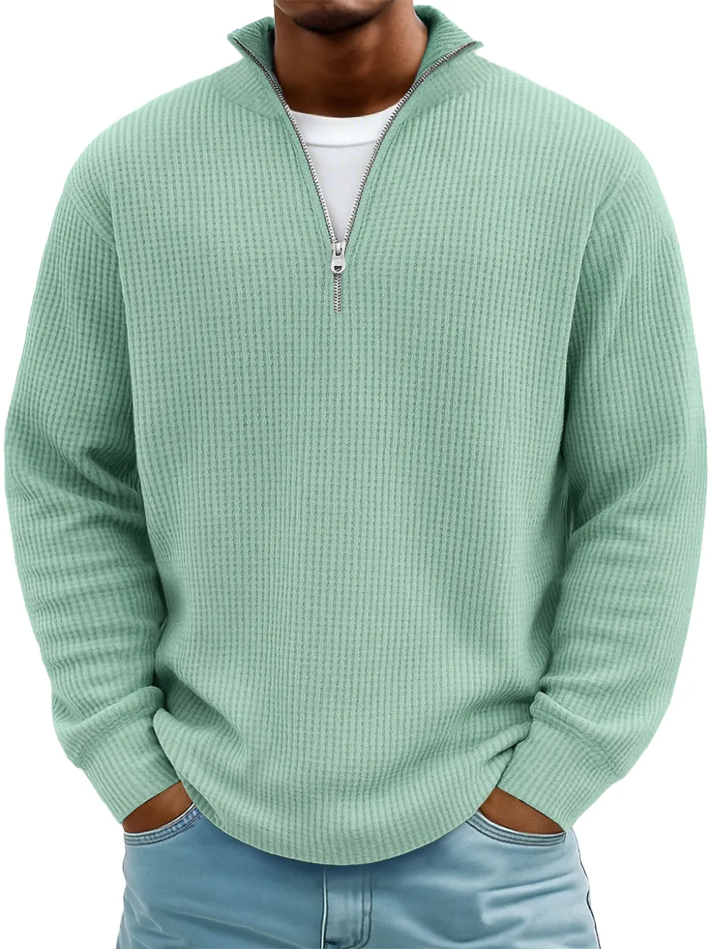 Men's Casual Simple Breathable Fabric Stand Collar Zipper Long Sleeve T-shirt