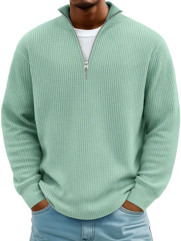 Men's Casual Simple Breathable Fabric Stand Collar Zipper Long Sleeve T-shirt