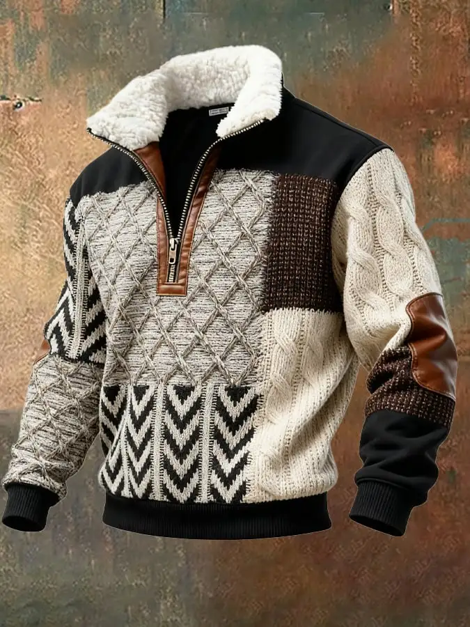 Men's Retro Color Block Print Casual Fur Collar Sweatshirt