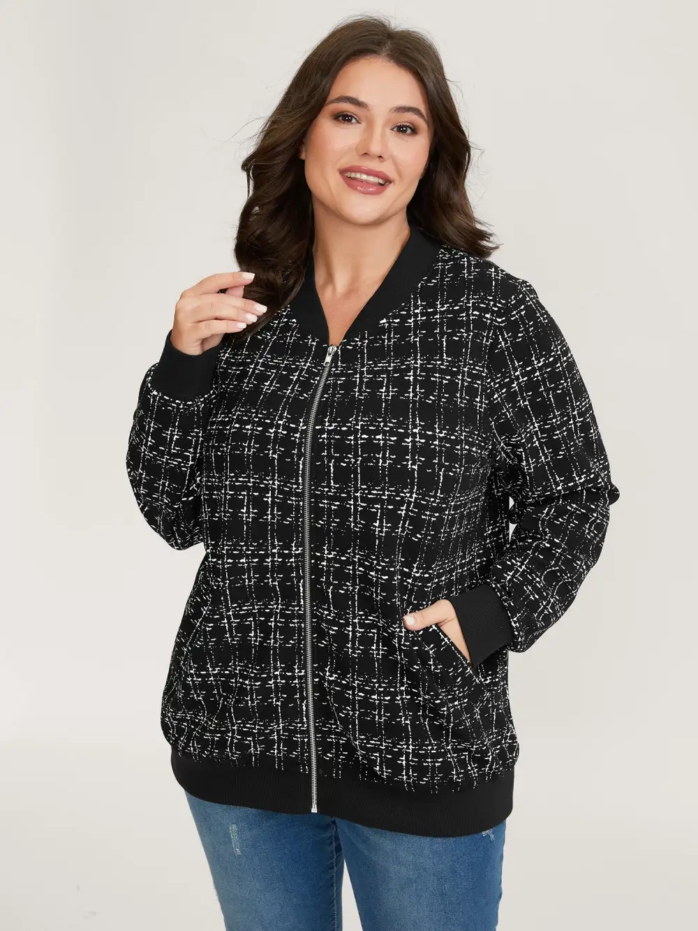 Tweed Color Contrast Zipper Jacket