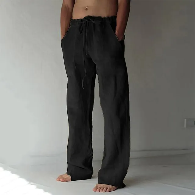 Men's Linen Pants Trousers Summer Pants Baggy Beach Pants Drawstring Front Pocket Straight Leg Plain Comfort Soft Full Length Yoga Holiday Beach Fashion Hawaiian Black White