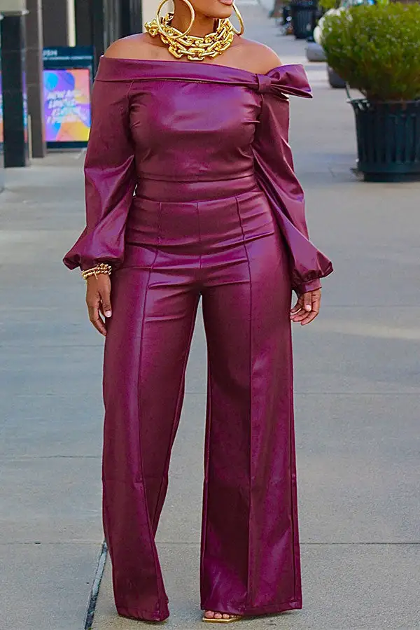 Wine Red Off-Shoulder Knotted PU Pant Set