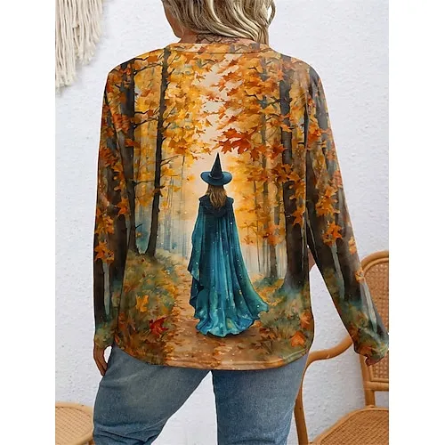 Women's Sweatshirt Halloween Witch Halloween Print Yellow Purple Green Casual Loose Fit Crew Neck Long Sleeve Inelastic Spring Fall