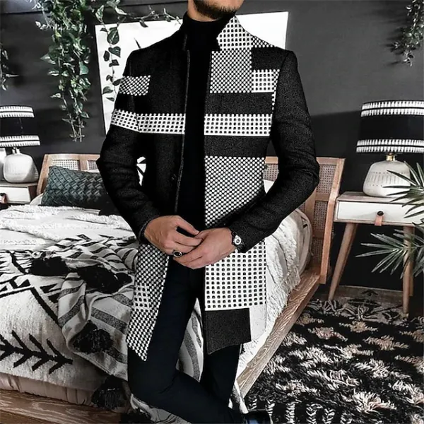 Men's Business Geo Plaid Pattern Buttons Stand Collar Long Sleeve Coat