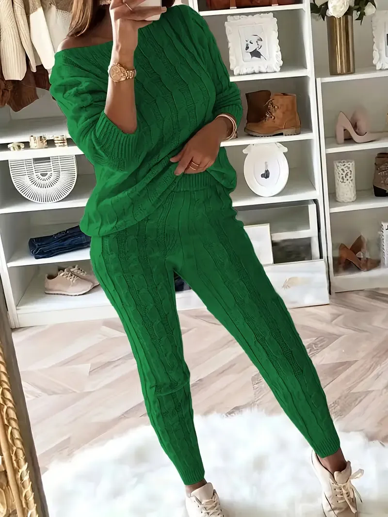 Solid Knitted Matching Two-piece Set, Casual Long Sleeve Sweater & Pants Outfits, Women's Clothing
