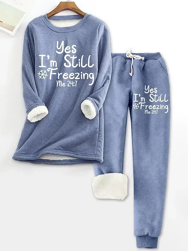 Women's Pajama Top and Pant Letter Warm Comfort Soft Home Daily Bed Fleece Warm Breathable Crew Neck Long Sleeve Pullover Pant Elastic Waist Fall Winter