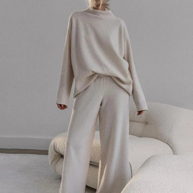 Simple Classic Mid Neck Sweater Two Piece Set