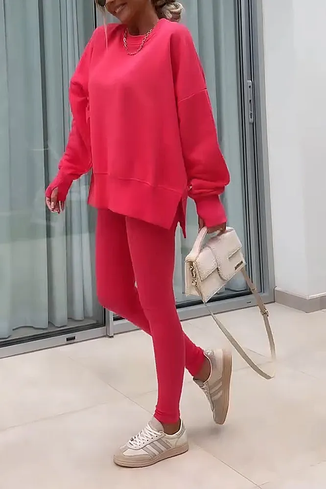 Women's solid color round neck top and pants two-piece set
