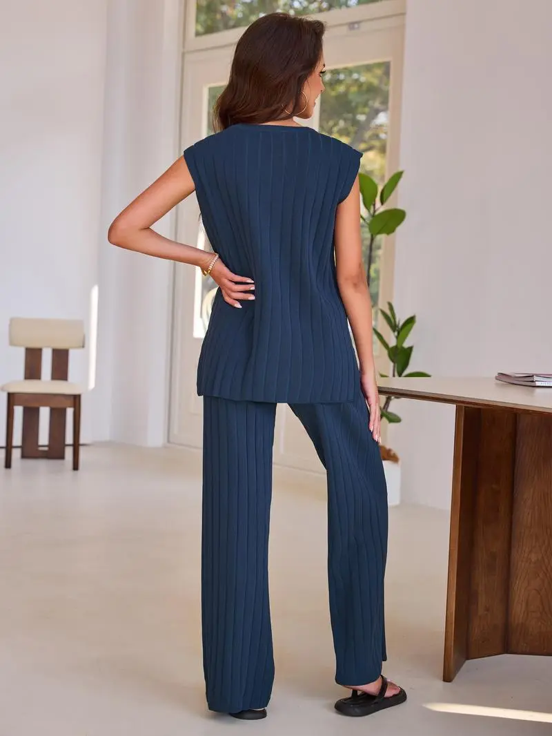 Women's 2-piece summer knit lounge set: short-sleeve pullover + high-waisted wide-leg pants.