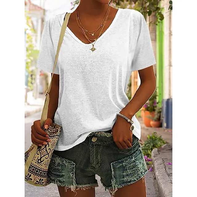 T shirt Tee Women's Black White Dark Red Plain Basic Daily Daily V Neck Regular Fit S