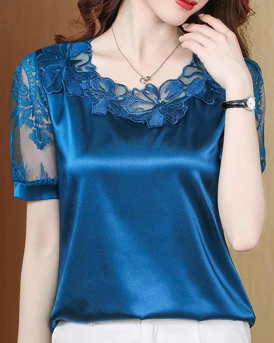 Ladies Elegant Patchwork Short Sleeve Top