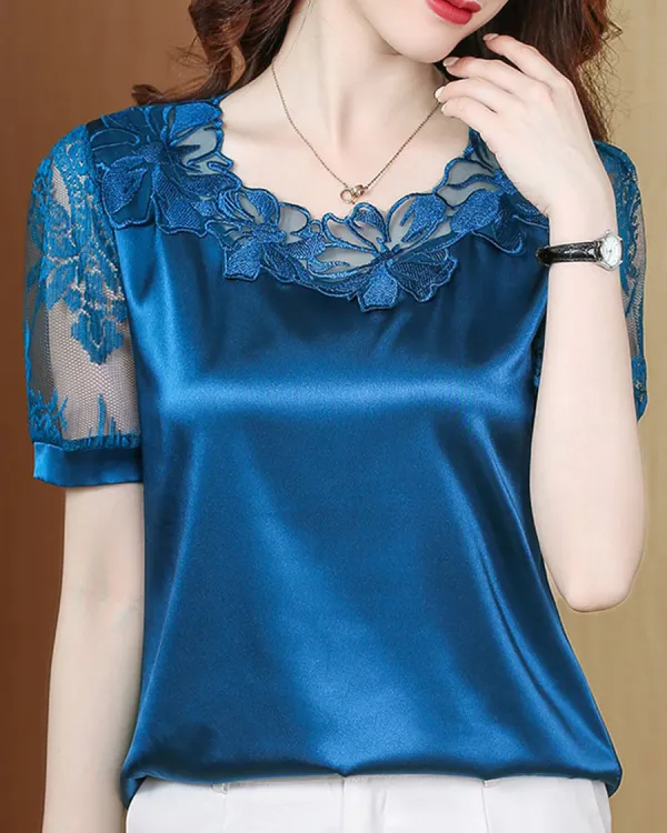 Ladies Elegant Patchwork Short Sleeve Top