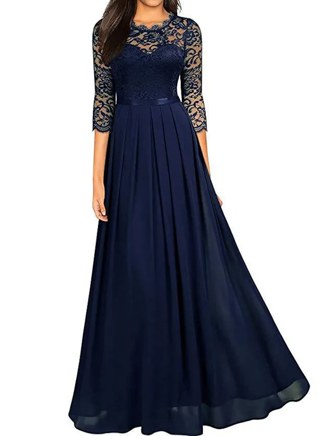 Women‘s Black Dress Prom Dress Black Lace Dress Party Dress Long Dress Maxi Dress Green 3/4 Length Sleeve Spring Fall Crew Neck Fashion