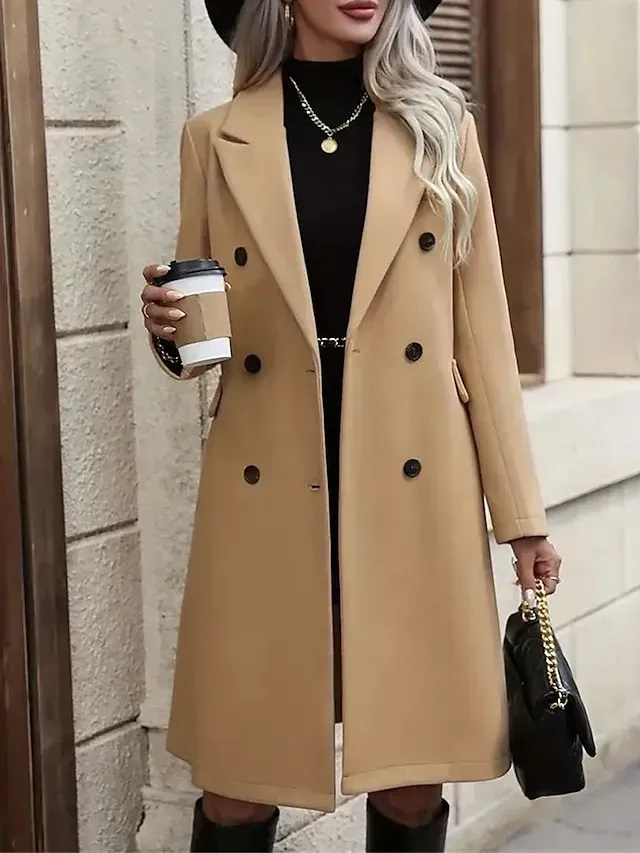 Women's Winter Coat Long Overcoat Double Breasted Lapel Trench Coat Thermal Warm Windproof Jacket Fall Casual Street Outerwear Long Sleeve Fall Winter Black Khaki