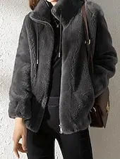 Women's Sherpa Jacket Casual Jacket Comfortable Breathable Zipper Casual Plain Vacation Street Casual Daily Wear Zipper Regular Stand Collar Regular Fit Long Sleeve Outerwear Black Purple Fuchsia