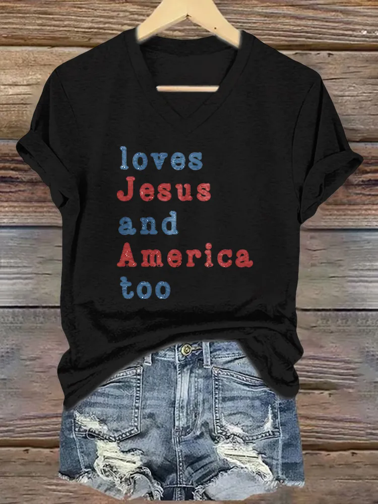 Women'S Loves Jesus Ang America Too T-Shirt