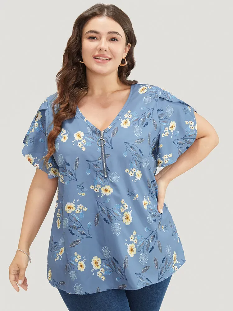 Floral O Ring Zipper Split Petal Sleeve Blouse