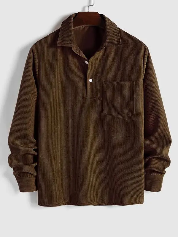 Men's Plain Pocket Half Button Corduroy Shirt, Casual Comfy Regular Fit Long Sleeve Collared Top For Fall & Winter
