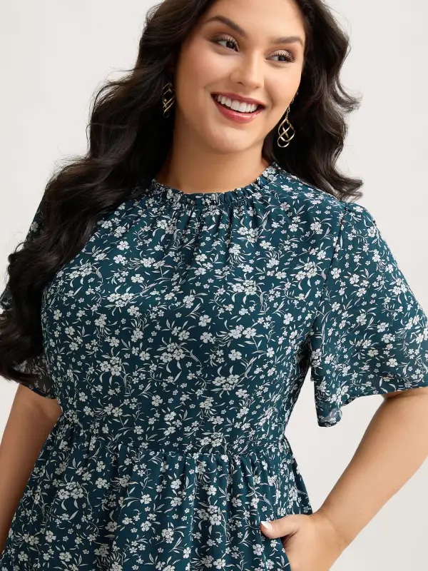 Monochromatic Floral Stretchy Waist Midi Dress