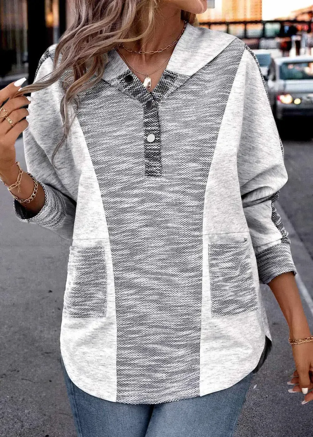 Light Grey Patchwork Long Sleeve Hoodie