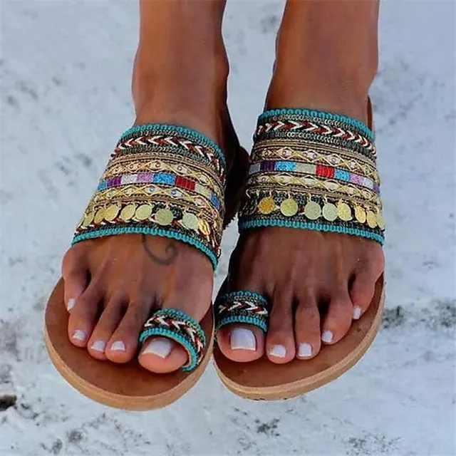 Women's Sandals Boho Bohemia Beach Flat Sandals Outdoor Slippers Outdoor Daily Beach Summer Sequin Flat Heel Open Toe Vintage Casual Minimalism Polyester Loafer Striped Black Red Green