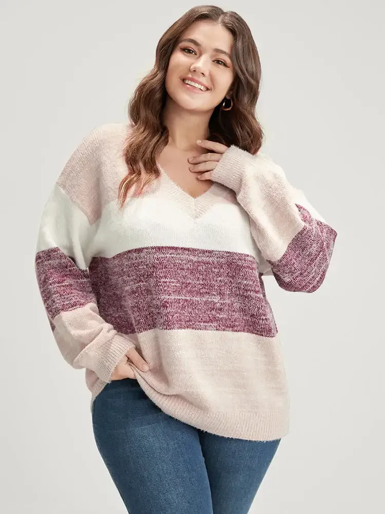 Colorblock Contrast Super Soft Plush Knit V Neck Knit Top