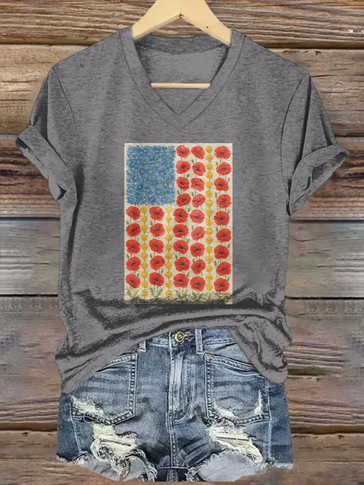 Women'S T-Shirt With Floral Pattern Printed Pure Cotton V-Neck Short-Sleeved T-Shirt