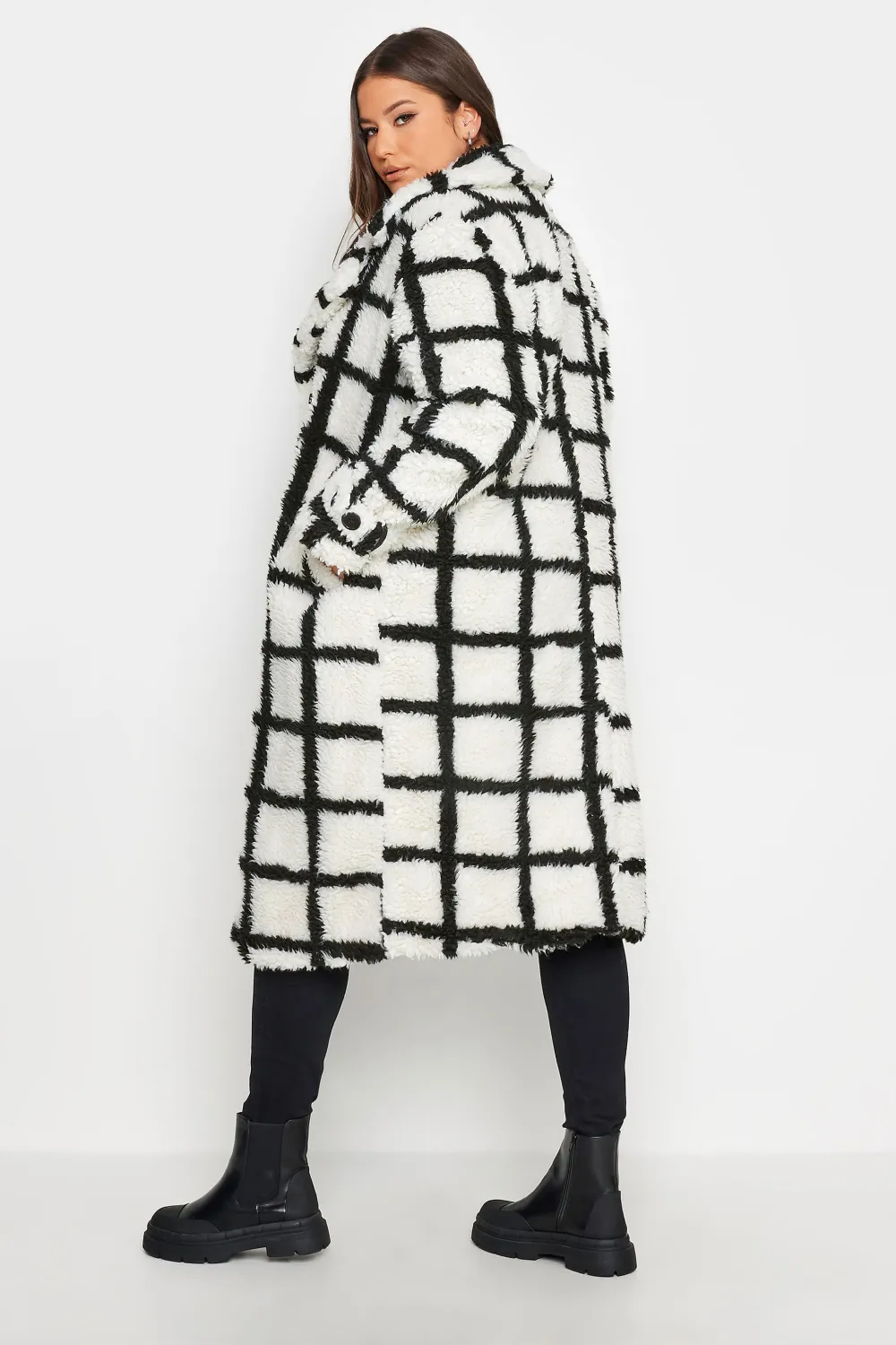 YOURS Curve White & Black Check Teddy Maxi Coat
