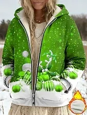 Women's Winter Coat Fleece Jacket Casual Jacket Warm Zipper Pocket Print Fashion Casual Christmas Street Casual Regular Hooded Regular Fit Long Sleeve Outerwear Red Blue Purple Spring Fall