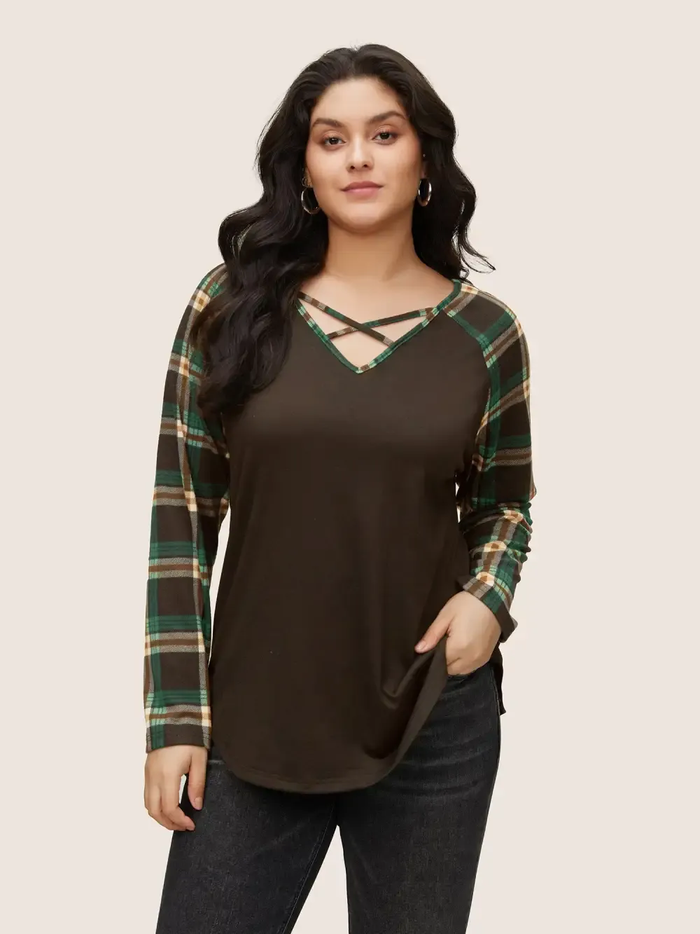 Plaid Patchwork Raglan Sleeve Crisscross T-Shirt