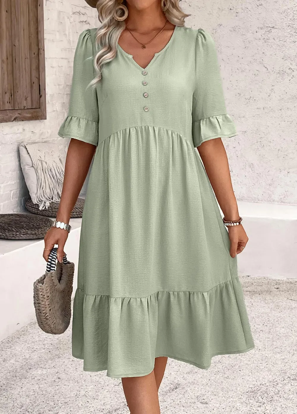 Sage Green Button A Line Half Sleeve Dress