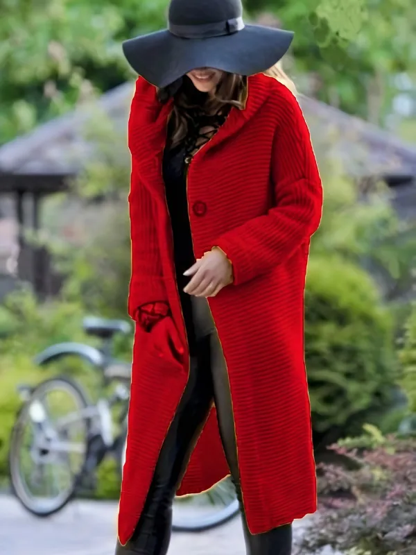 Cozy Fall/Winter Hooded Cardigan - Casual, Solid Color, Buttoned, Micro-Elastic Polyester, Easy-Care Women’s Fashion