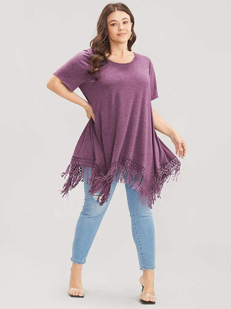 Solid Round Neck Lace Fringe Hem T-shirt