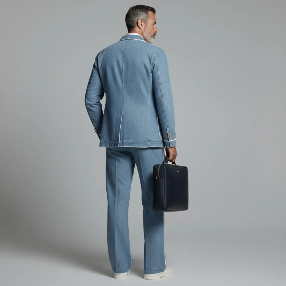 Men's Light Blue Denim Contrast Binding Double Breasted Blazer & Pocket Jeans 2Pcs Set