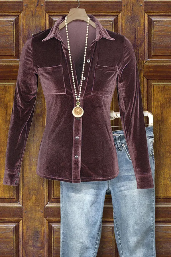Velvet Long Sleeve Button Detailed Blouse