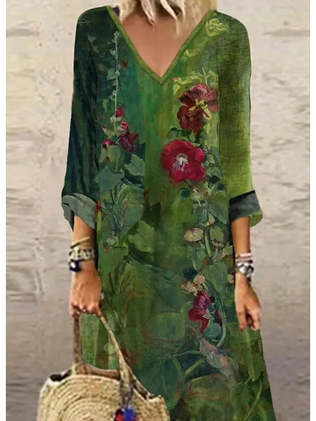 Women's Casual Dress Ethnic Dress Long Dress Maxi Dress Green 3/4 Length Sleeve Floral Print Summer Spring Fall V Neck Classic Vacation 2023 S M L XL XXL 3XL 4XL