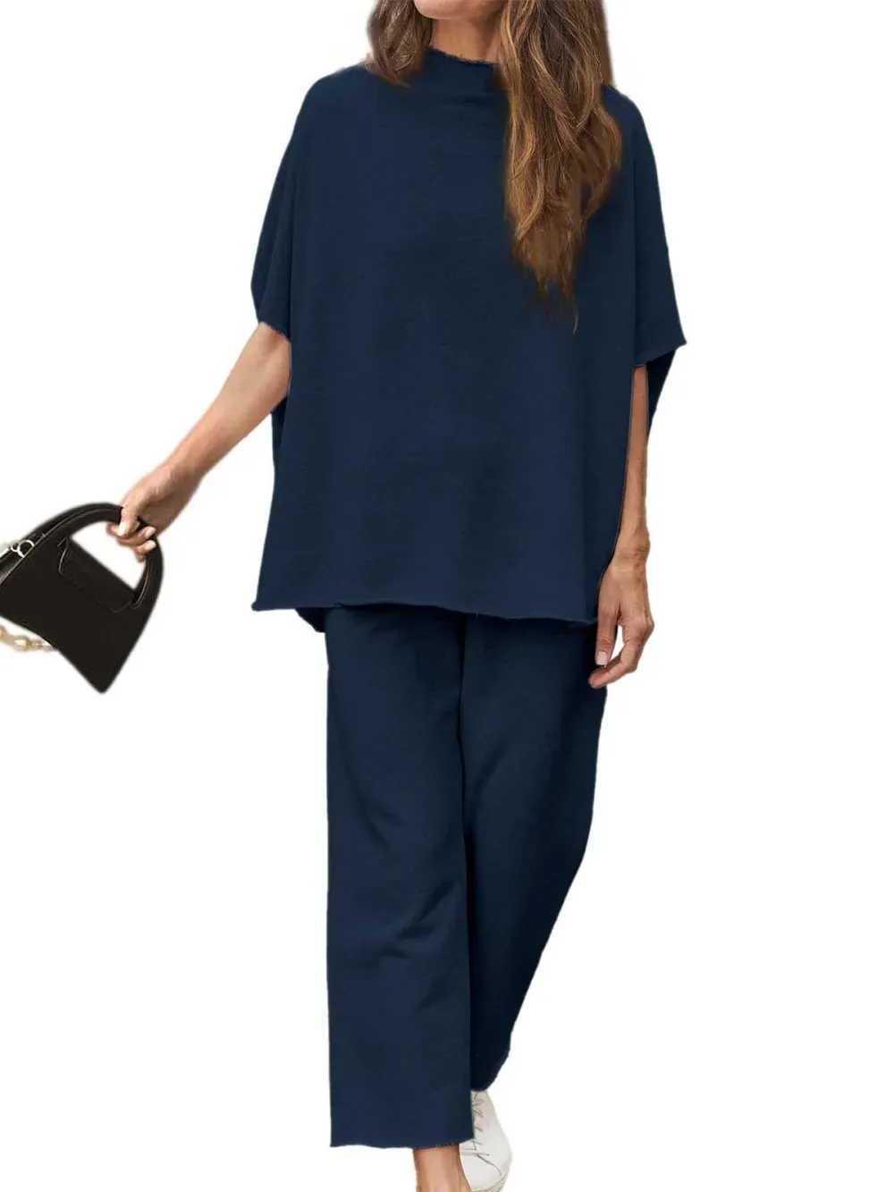 ✨Women's 2 Piece Outfits 3/4 Batwing Sleeve Pullover Top Wide Leg Pants Lounge Set