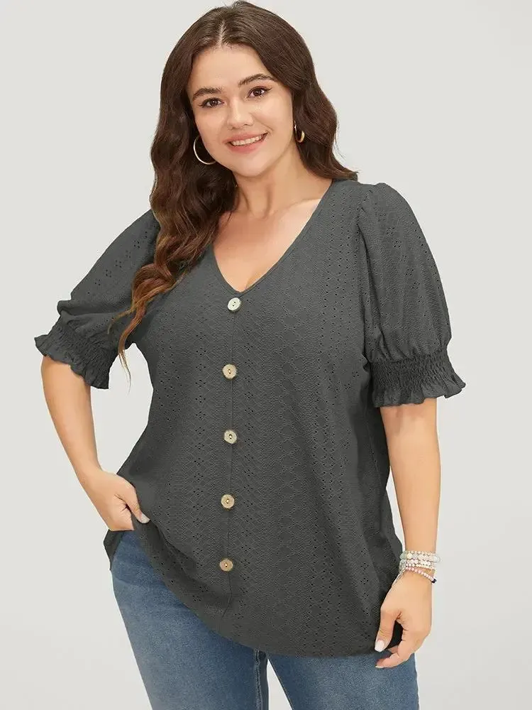 Plain Broderie Anglaise Shirred Puff Sleeve Button Detail T-shirt