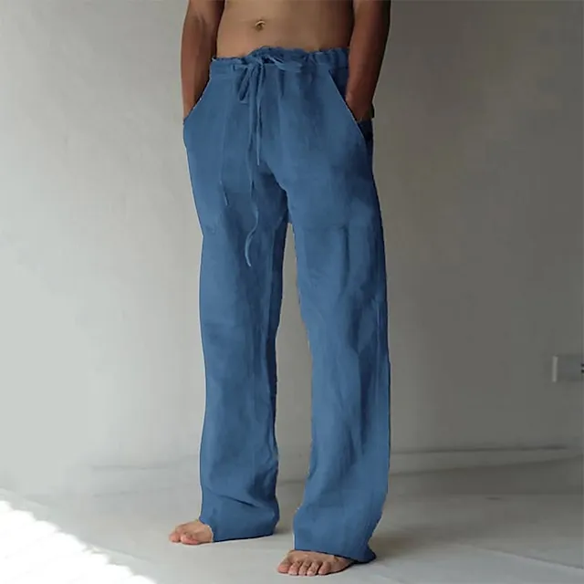 Men's Linen Pants Trousers Summer Pants Baggy Beach Pants Drawstring Front Pocket Straight Leg Plain Comfort Soft Full Length Holiday Beach Yoga Linen / Cotton Blend Fashion Hawaiian Black White