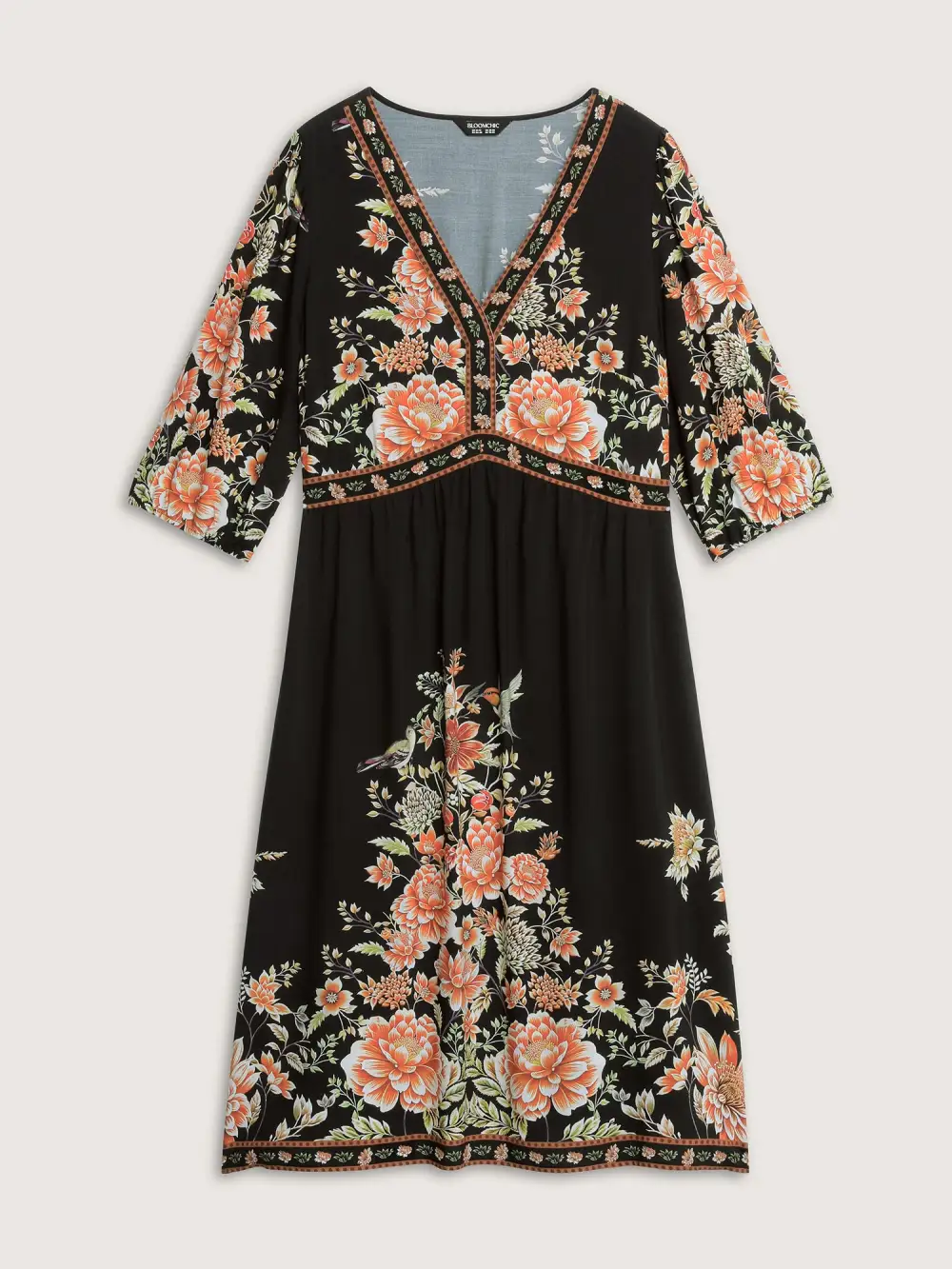 Rayon Floral Print Contrast V-Neck Midi Dress