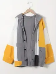 Women's Hooded Knit Cardigan with Pockets - Casual Patchwork Sweater Coat, Cozy Polyester, Perfect for Autumn/Winter