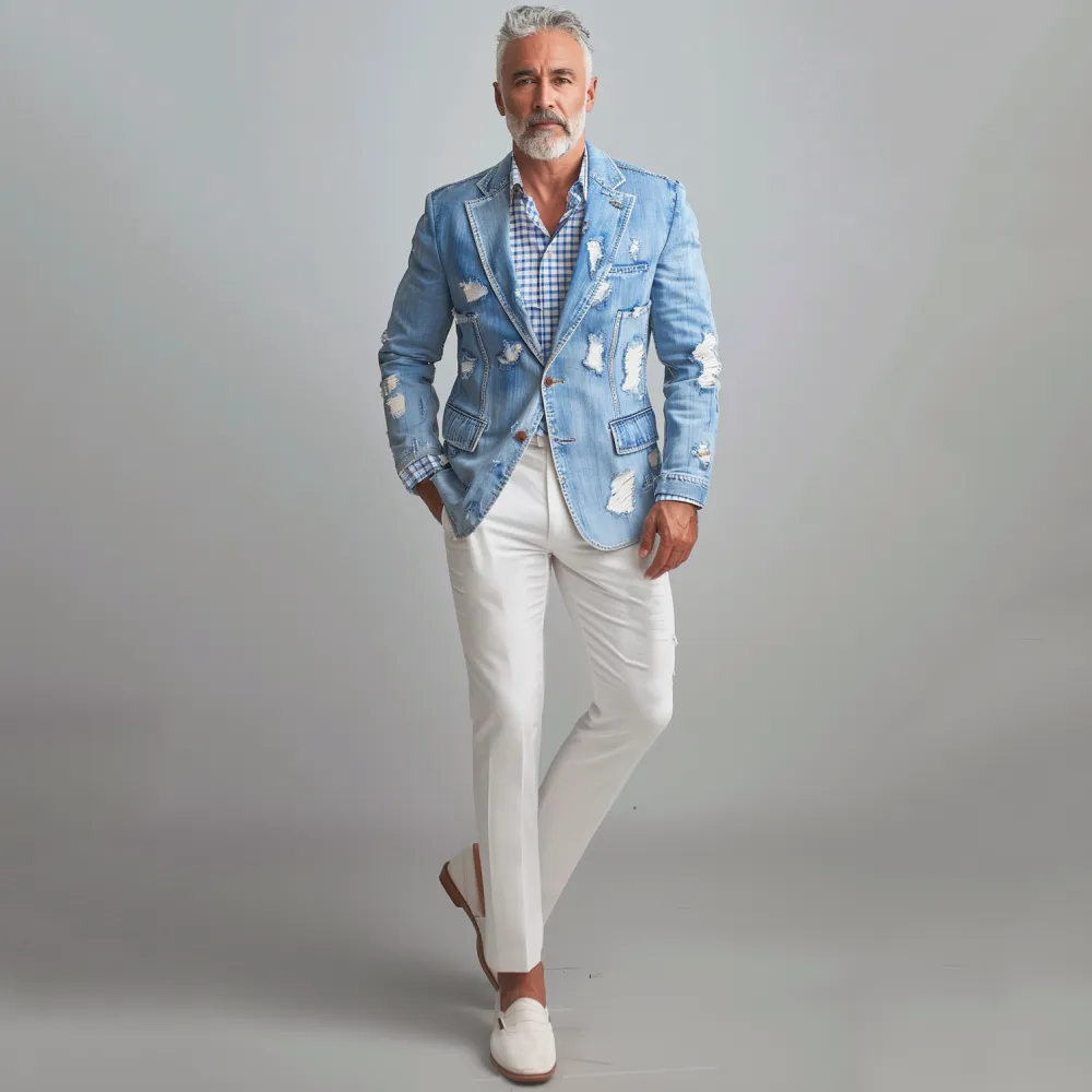 Men's Notched Lapel Two Button Ripped Denim Blazer