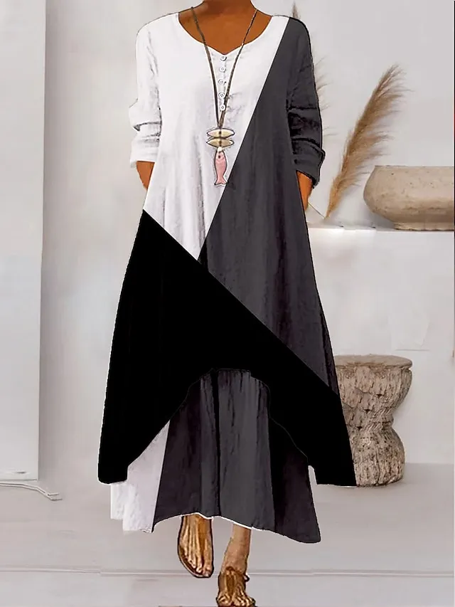 Women's Color Block Long Maxi Dress Button Layered Casual Dress Swing Dress Print Dress Fashion Modern Daily Vacation Weekend 3/4 Length Sleeve Crew Neck Dress Loose Fit Silver Black White