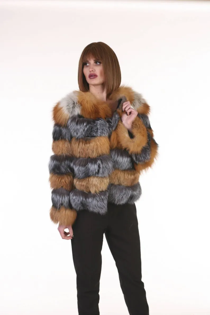Red and Silver Fox Fur  Jacket