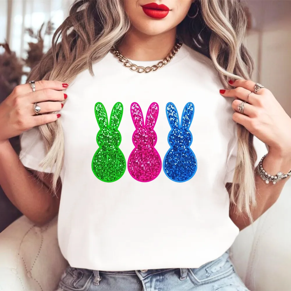 Easter Shiny Bunny Printed Round Neck Short Sleeve T-Shirt