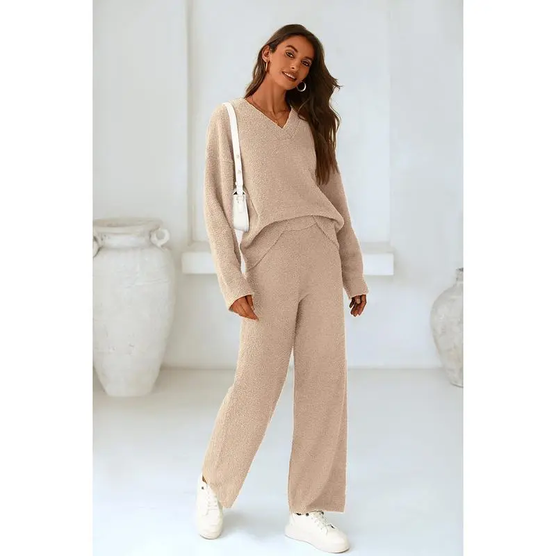 Women's 2-Piece Lounge Set – V Neck Top & Wide Leg Pants