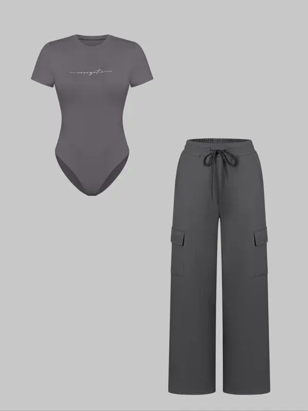 Women's Letter Print Bodysuit & Drawstring Pants Set – Casual Y2K Matching Outfit